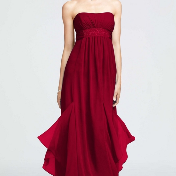 brown strapless crinkle chiffon floor length prom dress - Picture 2 of 11